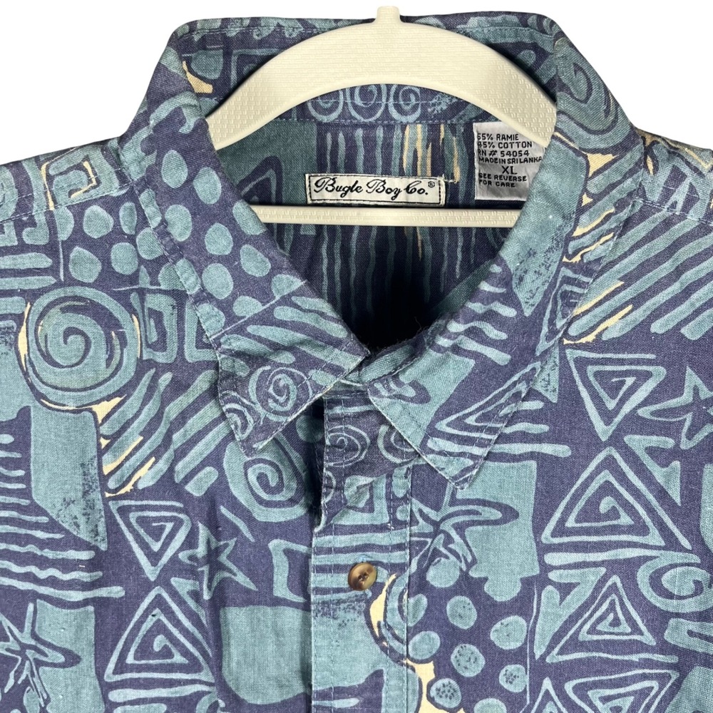 Bugle Boy Button Down Shirt Mens XL Blue Vintage 90s Geometric Tribal Print